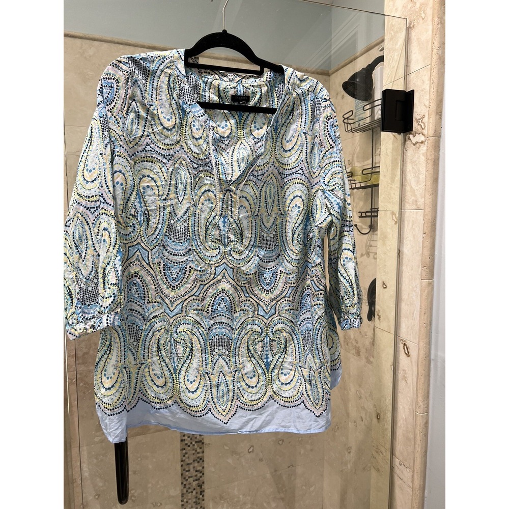 Talbots Women Plus 1X Pink Blue Geometric Gauzy V-Neck 3/4 Sleeve Blouse Boho